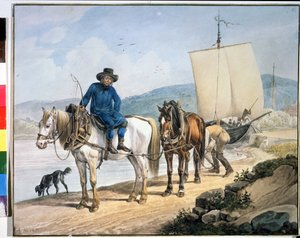 Pferd und Wagen am Fluss von Johann Adam Klein