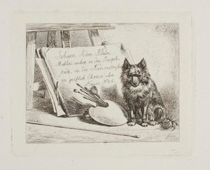 Hund sitzt bei den Malutensilien und dem Portfolio mit der Adresse des Künstlers von Johann Adam Klein
