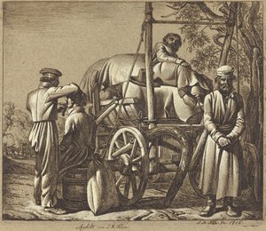 Russische Soldaten mit einem Barbier