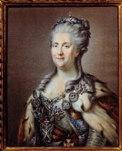 Porträt von Katharina II. (1729-1796), Kaiserin von Russland, mit der Halskette des Heiligen Andreas und dem Band des Kreuzes des Heiligen Georg. Anonyme Aquarell des 18. Jahrhunderts, nach dem Gemälde von Johann Baptist von Lampi (1751-1830) Paris, Museum