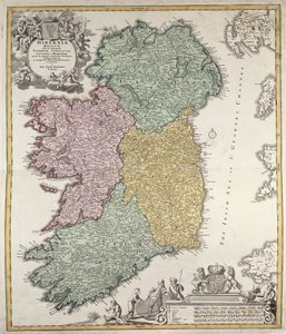 Karte von Irland mit den Provinzen Ulster, Munster, Connaught und Leinster, von Johann B. Homann, um 1730 (handkolorierte Gravur)