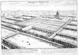 Ansicht des antiken Babylon mit den hängenden Gärten und dem Tempel des Jupiter Belus, Platte 3 aus 