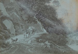 Bauer mit Pferdewagen auf Waldweg im Gewitter von Johann Christian Brand