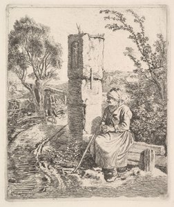 Eine alte Dame sitzt in der Nähe einer Säule am Straßenrand, 1819 von Johann Christian Erhard