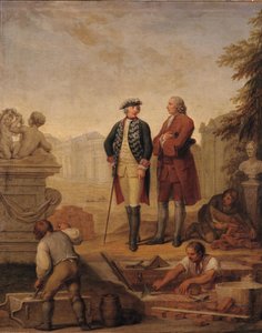 König Friedrich II. von Preußen (1712-86) und der Marquis von Argens (1704-1771) inspizieren den Bau von Sanssouci in Potsdam