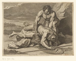 Ein Mann nimmt die Leiche eines römischen Speerträgers in die Arme von Johann Conrad Reiff