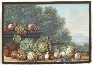 Ein Stillleben mit Gemüse und Früchten. Im Hintergrund Blick auf eine südliche Berglandschaft