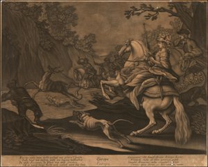 Ca. 1770 allegorisches Mezzotinto von Europa von Johann Elias Ridinger