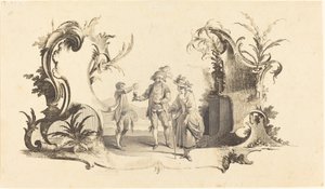 Moderne Kartusche mit einem jungen Paar, das Wein serviert bekommt von Johann Esaias Nilson