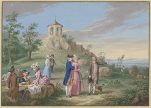 Gesellschaft von Damen und Herren im Freien lagernd, am Fuße eines Hügels mit einem Tempelchen, ein Führer zeigt einem jungen Paar die Landschaft von Johann Friedrich August Tischbein