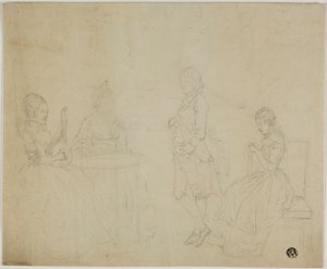 Skizze einer Familiengruppe mit drei sitzenden Frauen und einem stehenden jungen Mann von Johann Friedrich August Tischbein