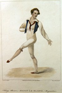 Porträt von Monsieur Le Blond, ein Tänzer am Haymarket Theatre, London, tanzend mit ausgestrecktem Bein und Arm, graviert von R. Cooper