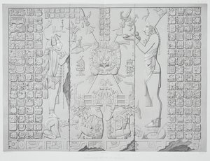 Relief, das einen Priester mit Opfergaben aus dem Heiligtum des Sonnentempels in Palenque darstellt, Tafeln 29 und 30 aus Ancient Monuments of Mexico, graviert von Werner, 1866 von Johann Friedrich Maximilian von Waldeck
