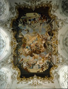 Barockkunst: Die Jungfrau umgeben von Heiligen. Fresko des Gewölbes von Johann Georg Bergmuller. Kirche des Augustinerklosters. Diessen am Ammersee, Deutschland von Johann Georg Bergmuller