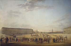 Wachablösung am Palastplatz in Sankt Petersburg, ca. 1800 von Johann Georg Mayr