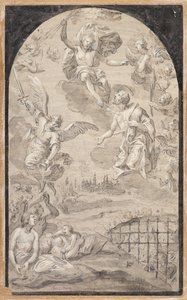 Heiliger, der bei Christus Fürsprache einlegt, um den Blitz nicht auf die Stadt Augsburg zu schleudern von Johann Georg Melchior (1625 1705) Schmittner