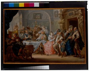Innenraum mit eleganten Figuren in Maskenkostümen beim Festmahl von Johann Georg Platzer