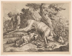 Jagdhund und Jagdbeute mit Hirsch und Vögeln von Johann Georg Wachsschlunger