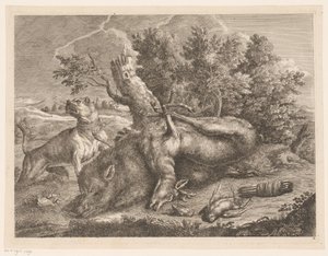 Jagdhund und Jagdbeute mit Wildschwein, Hirsch und Vögeln von Johann Georg Wachsschlunger