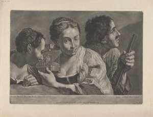 Zwei Frauen, die einem Vogel zuhören, mit einem Mann, der eine Waffe hält von Johann Gottfried Haid