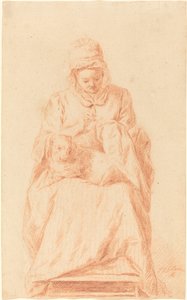 Junge Frau, die mit einem Hund auf dem Schoß näht von Johann Gottlieb Glume