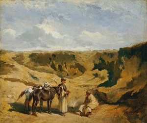 Zwei Ungarn mit zwei Pferden in der Puszta