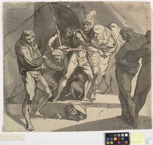 Richard Plantagenet wirft den abgetrennten Kopf des Herzogs von Somerset zu den Füßen seines Vaters. Illustration zu Shakespeares Henry VI, Teil 3, Akt 1, Zeile 20