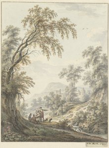 Landschaft mit Wasserfall und in der Ferne ein Schloss