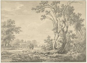 Südliche Landschaft mit Schloss, Vieh und Spaziergängern von Johann Heinrich Muntz