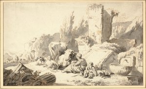 Ein Viehtreiber mit seiner Familie und Vieh neben klassischen Ruinen