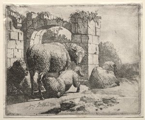Schafe in der Nähe der Ruinen eines Bogens von Johann Heinrich Roos