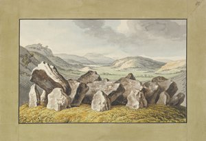 Ein prähistorischer Steinkreis auf einem Hügel, eine weite Landschaft dahinter, Mitte des 18. bis Anfang des 19. Jahrhunderts