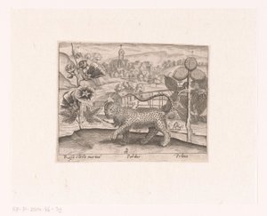 Serie von Drucken mit Blumen und Tieren in einer Landschaft