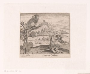 Serie von Drucken mit Blumen und Tieren in einer Landschaft