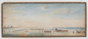 Britische Infanterie, einheimische Infanterie und einheimische Kavallerie beim Üben vor Fort St. George, Madras