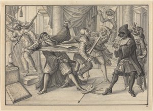 Mezzetin und Harlekin benutzen den Bilderrahmen, um Pantaloon und Pierrot zu fangen