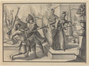 Pantaloon und der Doktor kämpfen mit Columbine und Brigatella im Garten von Johann Jacob Schubler