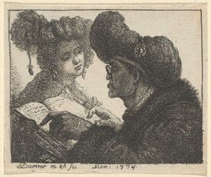 Ein Mann im Turban liest einer jungen Frau vor von Johann Jakob Dorner the Elder