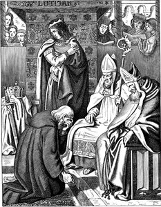 Ludwig der Fromme macht Buße in Attigny im Jahr 822 Illustration aus der Geschichte des deutschen Volkes von E. Duller, 1840 von Johann Jakob Kirchhoff