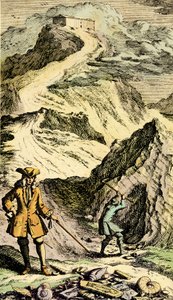 Paläontologie: Der Schweizer Naturforscher Johann Jakob Scheuchzer (1672-1733) entdeckte in den Schweizer Bergen die Spuren der universellen Sintflut dank Fossilien. Gravur aus „Museum Diluvianum“ von Johann Jakob Scheuchzer
