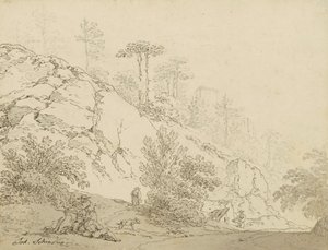 Bauern rastend in felsigem Gelände, Hintergrund Burg