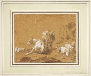Landschaft mit Kühen und Ziegen