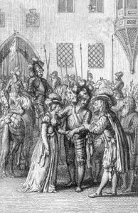 Kaiser Heinrich VII. von Luxemburg (1275-1313) trifft seine zukünftige Frau Margarete von Brabant (1276-1311), Tochter von Johann I., Herzog von Brabant und Margarita von Dampierre.