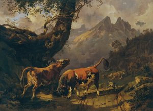 Stier, eine Kuh verfolgend, im Hintergrund Landschaft bei Carrara