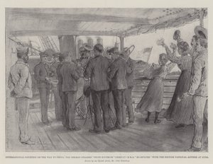 Internationale Höflichkeit auf dem Weg nach China, der deutsche Dampfer Prinz Heinrich grüßt HMS Highflyer mit der britischen Nationalhymne in Suez von Johann Nepomuk Schonberg