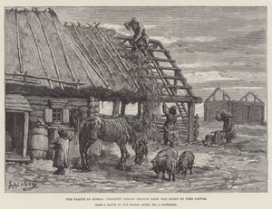 Die Hungersnot in Russland, Bauern nehmen Stroh von den Dächern, um Vieh zu füttern von Johann Nepomuk Schonberg