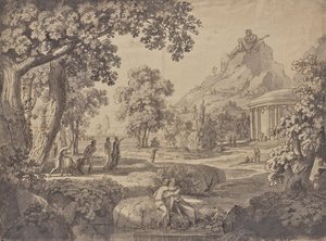 Klassische Landschaft mit einem Tempel, auf einem Berg ein Riese von Johann Nepomuk Schödlberger