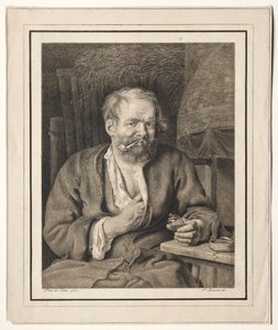 Bauer sitzt an einem Tisch und raucht eine Pfeife von Johann Nepomuk Strixner