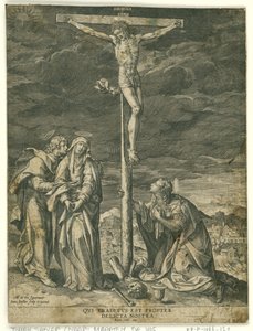 Christus am Kreuz mit Maria, Johannes und Maria Magdalena von Johann Sadeler (I)