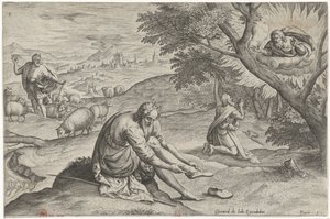 Gott erscheint Moses im brennenden Dornbusch. Geschichte von Moses vor dem Exodus von Johann Sadeler (I)